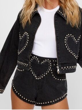 Black Studded Heart Denim Shorts